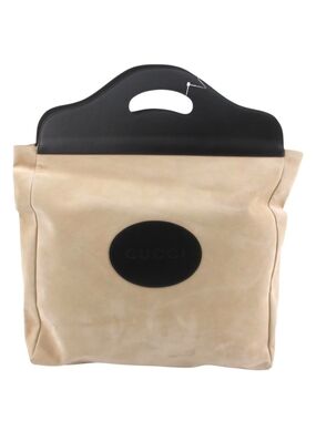 Gucci Beige Suede Tote Bag with Black Top Handle and Logo